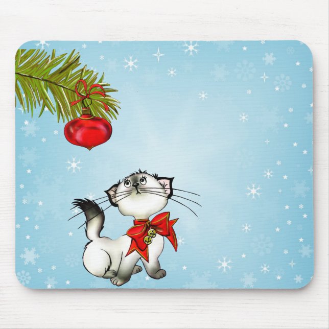 Curious Kitty Cat In A Red Christmas Bow Mouse Pad (Front)