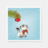Curious Kitty Cat In A Red Christmas Bow