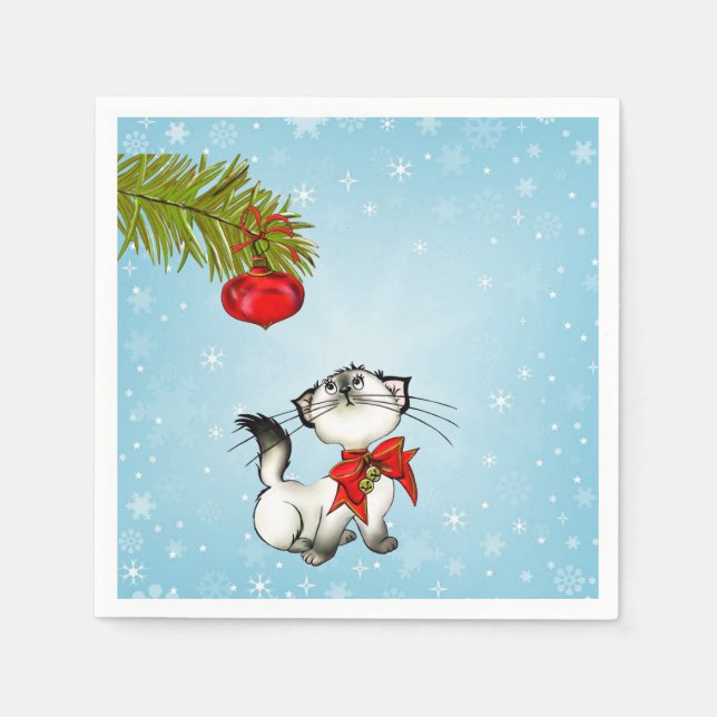Curious Kitty Cat In A Red Christmas Bow Napkin (Front)