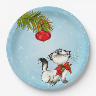 Curious Kitty Cat In A Red Christmas Bow Paper Plate
