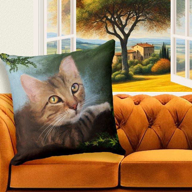 Curious Kitty Fine Art Pillow (Pillow featuring a painting of a cute kitty that climbed a tree to get a closer look of the heavens)