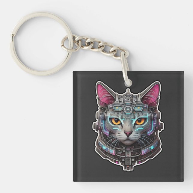 Curious Kitty in a Cyber Helmet Key Ring (Front)