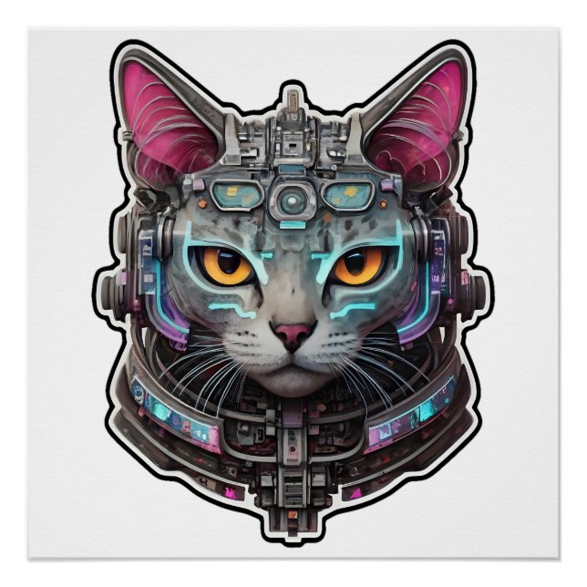 Curious Kitty in a Cyber Helmet Poster (Front)