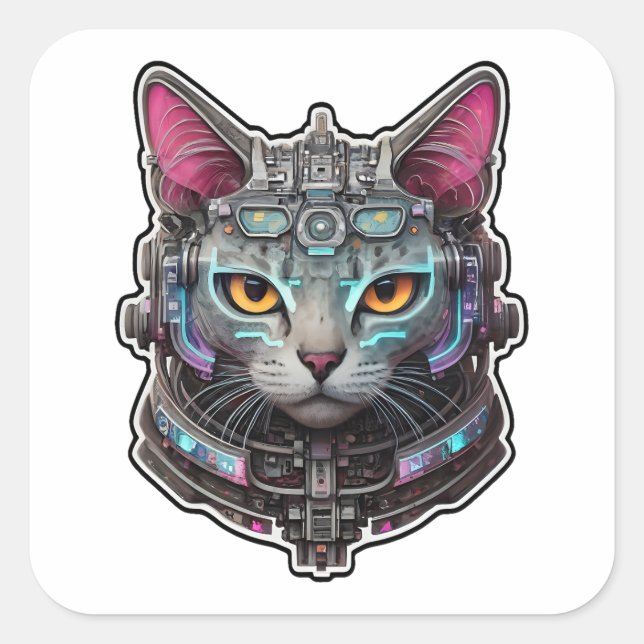 Curious Kitty in a Cyber Helmet Square Sticker (Front)