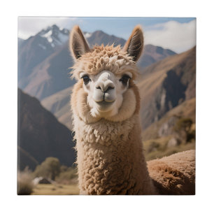 Curious Llama Mountain Portrait Ceramic Tile
