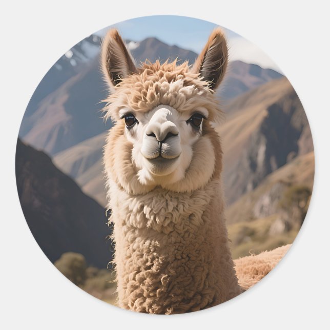 Curious Llama Mountain Portrait Classic Round Sticker (Front)