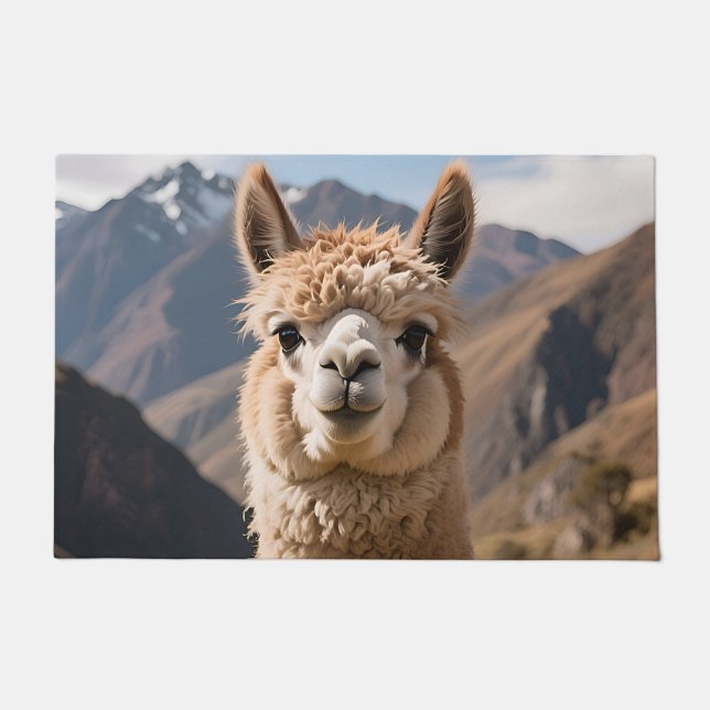 Curious Llama Mountain Portrait Doormat (Front)