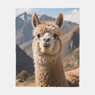 Curious Llama Mountain Portrait Fleece Blanket