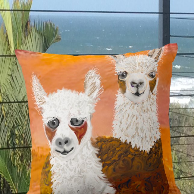 Curious Llamas against Golden Sky Throw Pillow (Creator Uploaded)