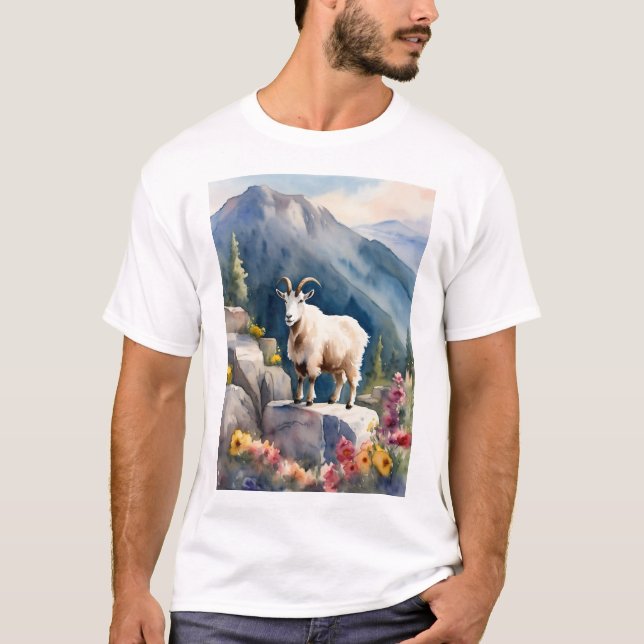 "Curious Mountain Goat Surveying the Heights" T-Shirt (Front)