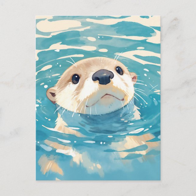 Curious Otter Peeking from Blue Water Postcard (Front)