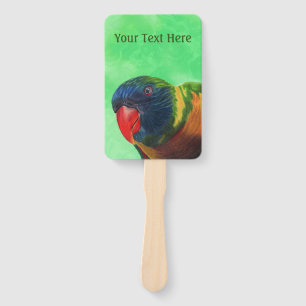 Curious Parrot Colourful Feathers Red Beak on Gree Hand Fan