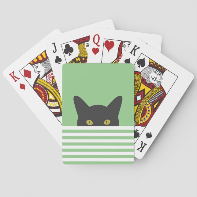 Curious Peeking Black Cat Green Stripe  Playing Cards (Back)