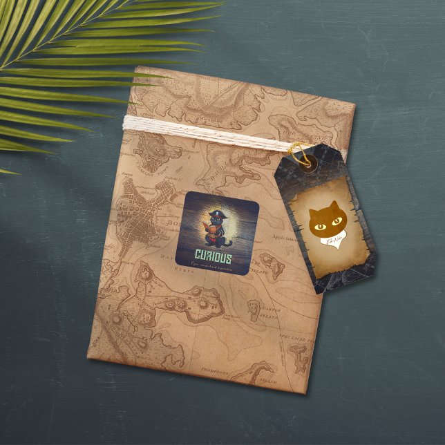 Curious pirate cat deciphers ancient mysteries squ square sticker (Curious pirate cat deciphers ancient mysteries squ square sticker)