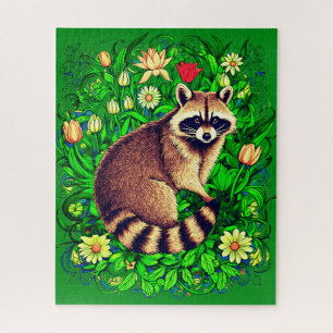  Curious Raccoon in a Colorful Flower Garden Jigsaw Puzzle