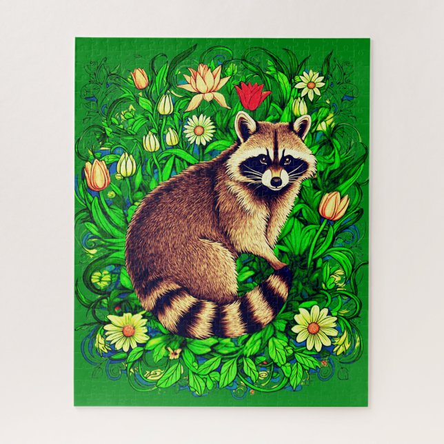  Curious Racoon in a Colourful Flower Garden Jigsaw Puzzle (Vertical)