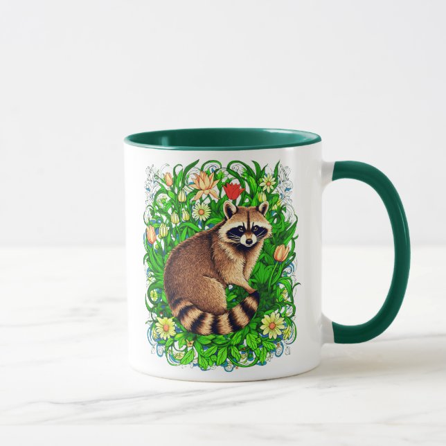 Curious Racoon in a Colourful Flower Garden Mug (Right)
