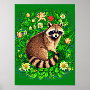 Curious Racoon in a Colourful Flower Garden Poster