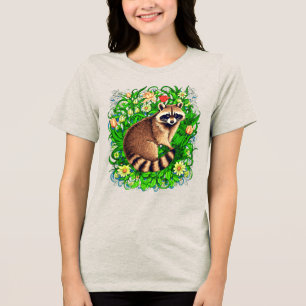 Curious Racoon in a Colourful Flower Garden Tri-Blend Shirt