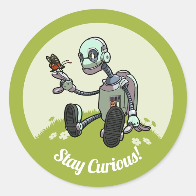 Curious Robot Sees His First Butterfly Cartoon Classic Round Sticker (Front)