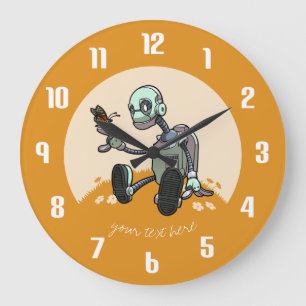 Curious Robot Sees His First Butterfly Cartoon Large Clock
