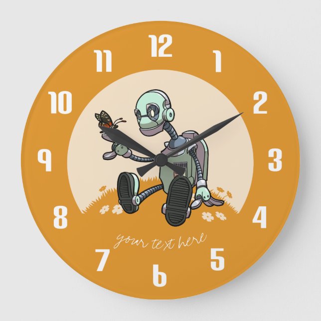Curious Robot Sees His First Butterfly Cartoon Large Clock (Front)