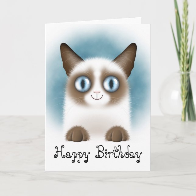 Curious Siamese Kitten Happy Birthday Card (Front)
