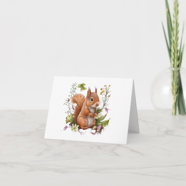 Curious Squirrel with White Purple Flowers BLANK Card (Front)