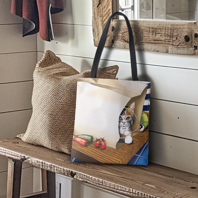 Curious Tabby Cat Grocery Bag Blue Cute      (Creator Uploaded)