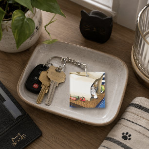 Curious Tabby Cat Grocery Bag Blue Cute      Key Ring