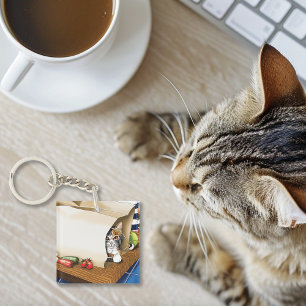 Curious Tabby Cat Grocery Bag Blue Cute Key Ring