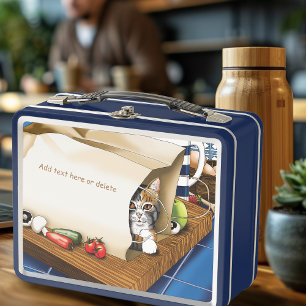 Curious Tabby Cat Grocery Bag Blue Cute      Metal Lunch Box