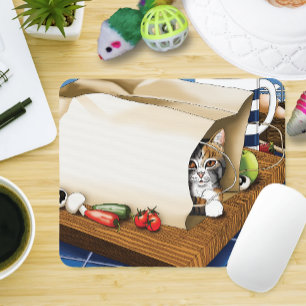 Curious Tabby Cat Grocery Bag Blue Cute Mouse Pad