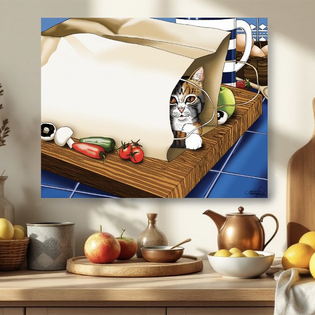 Curious Tabby Cat Grocery Bag Blue Cute      Poster (Creator Uploaded)