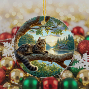 Curious Tabby Cat Keepsake Ceramic Ornament