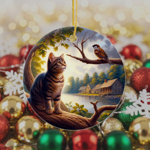 Curious Tabby Cat Keepsake Ceramic Ornament
