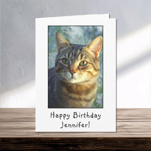 Curious Tabby Cat Portrait Happy Birthday Name Card