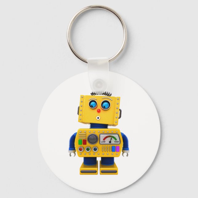 Curious toy robot looking down key ring (Front)