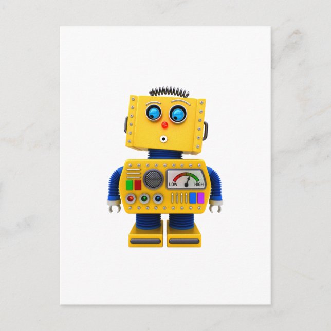 Curious toy robot looking down postcard (Front)