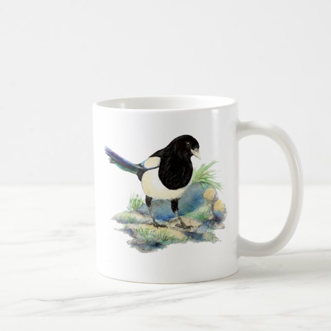 Curious Watercolor Magpie Bird Art Coffee Mug (Right)