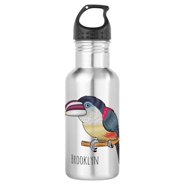 Curl crested aracari bird cartoon illustration  532 ml water bottle (Front)