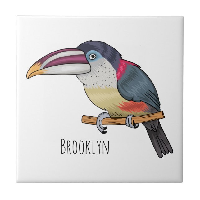 Curl crested aracari bird cartoon illustration  ceramic tile (Front)