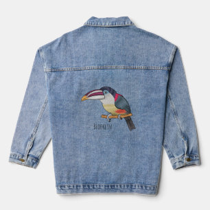 Curl crested aracari bird cartoon illustration denim jacket