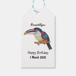 Curl crested aracari bird cartoon illustration gift tags