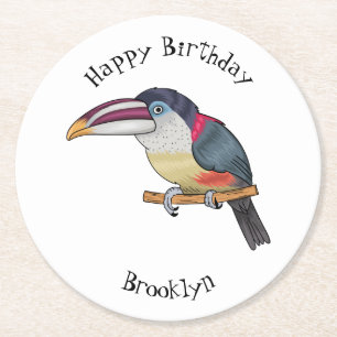 Curl crested aracari bird cartoon illustration  round paper coaster