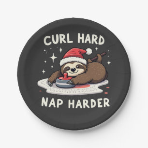 Curl Hard Nap Harder Curling Sport Sloth Xmas Paper Plate