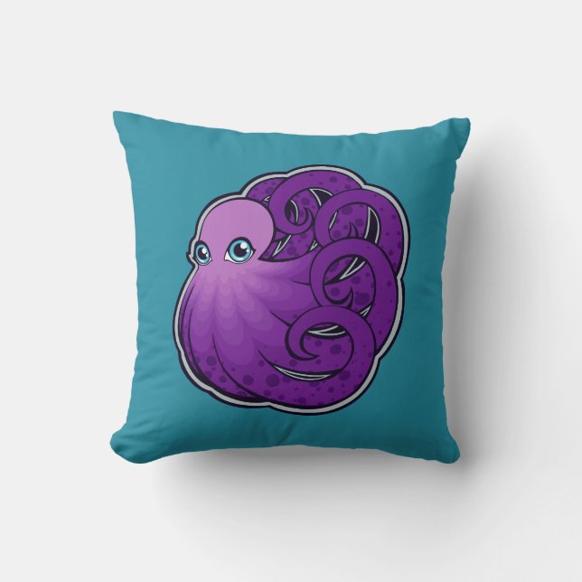 Curled Purple Spotted Octopus Ink Drawing Design Cushion (Front)