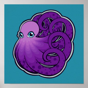 Curled Purple Spotted Octopus Ink Drawing Design Poster