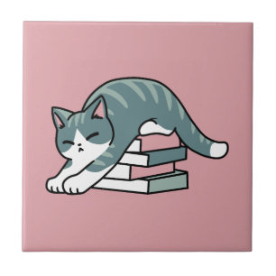 Curled Up with a Book and a Cat - Cosy Cat Reading Ceramic Tile