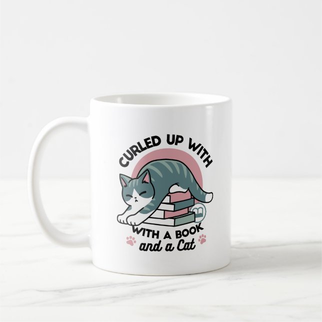 Curled Up with a Book and a Cat - Cosy Cat Reading Coffee Mug (Left)